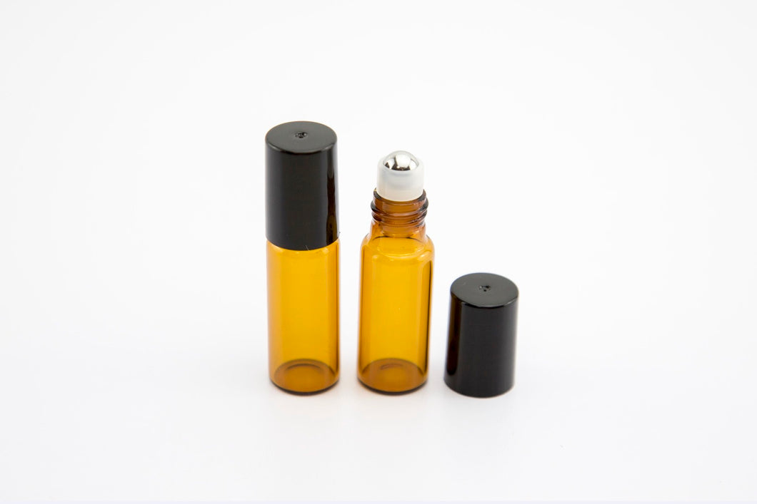 5ml Amber Glass Steel Ball Roller Bottle with Black Lid - Stock Your Pantry